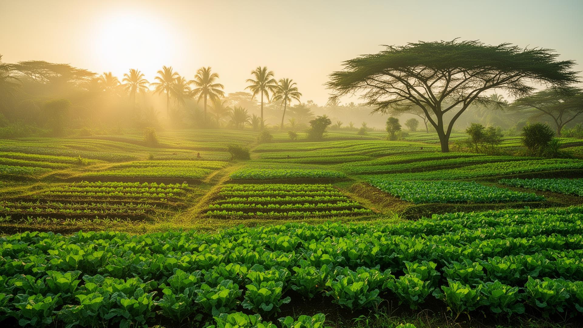 Regenerative allotment farm at golden hour in Nigeria